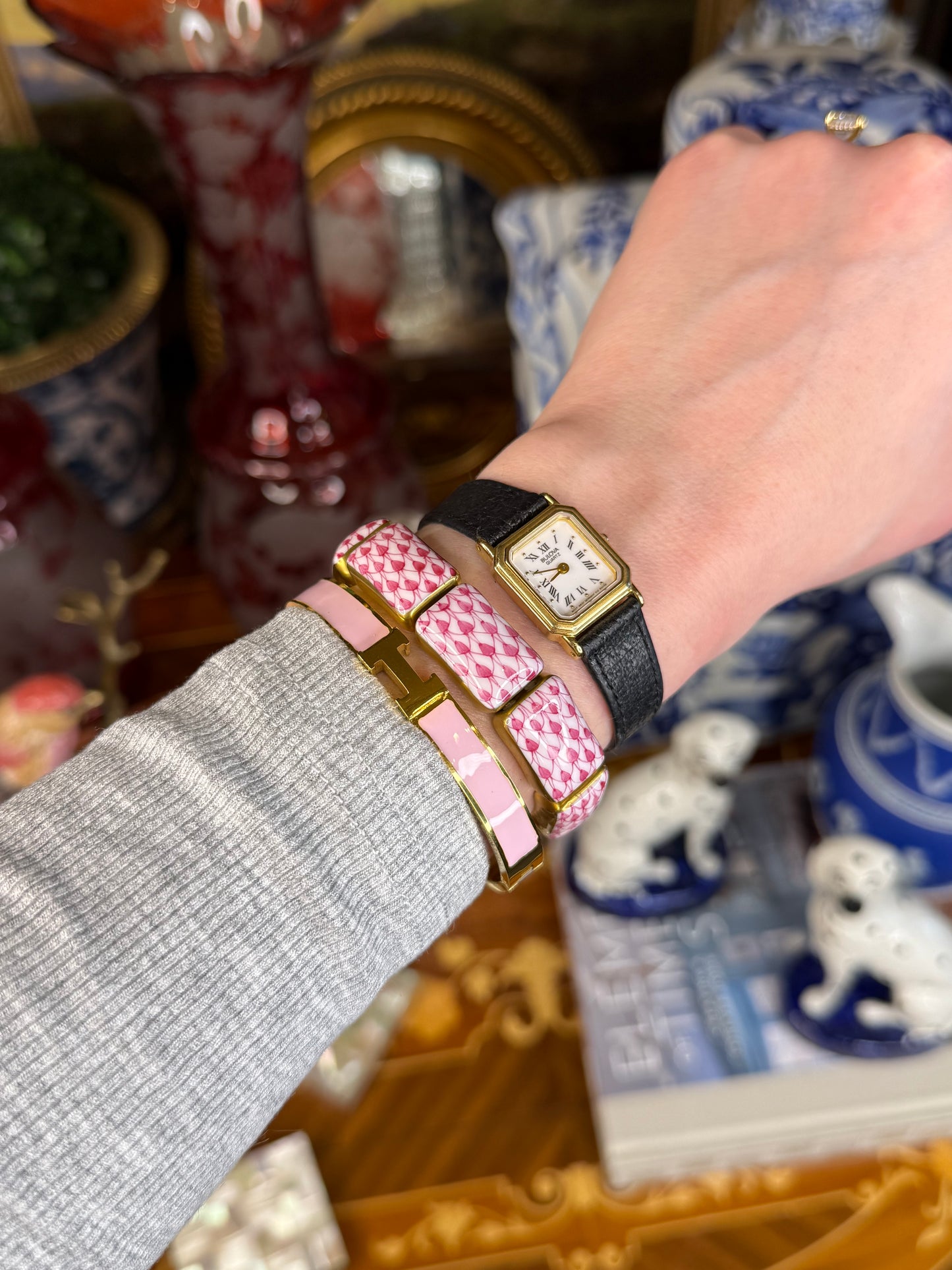 Pink Enamel “H” Gold Hinged Bangle Bracelet W/ Box