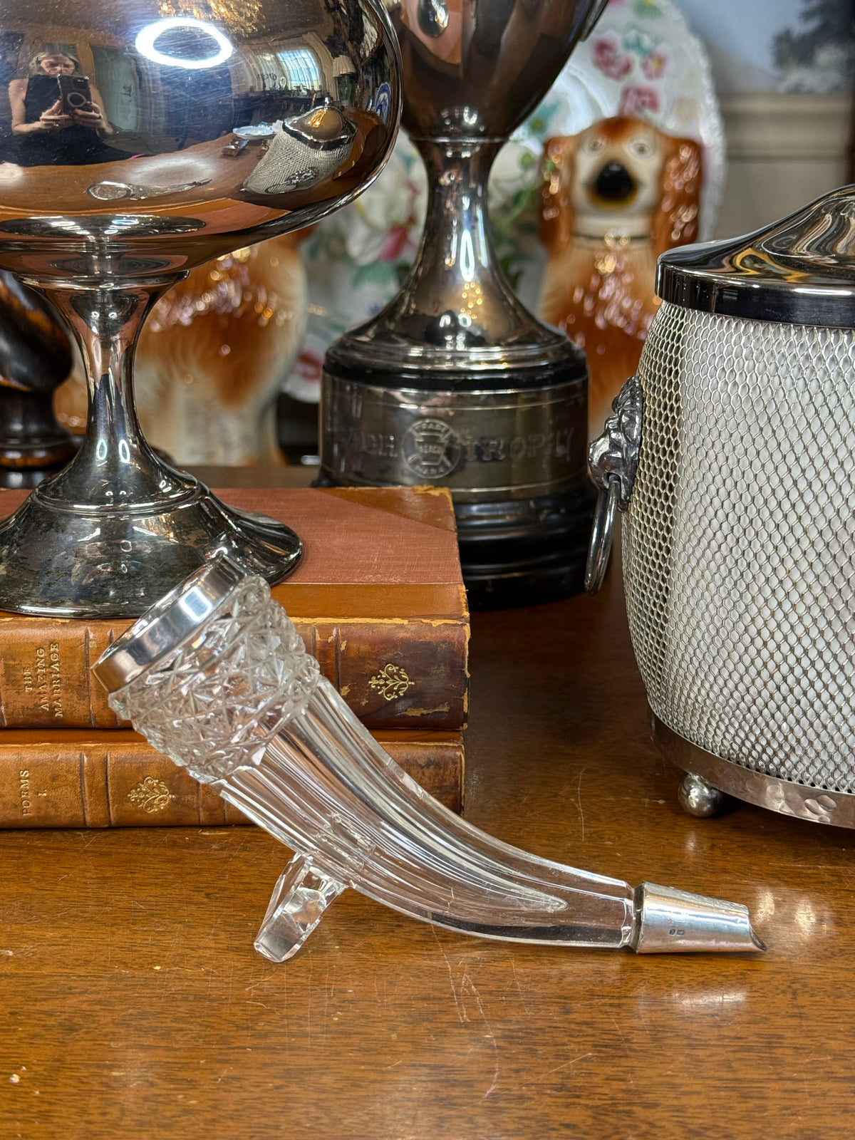 Antique Victorian Henry Bourne Cut Crystal Drinking Horn/ Bud Vase W/Sterling Silver Mounts, Birmingham England, c. 1890–1905 – 6.5”