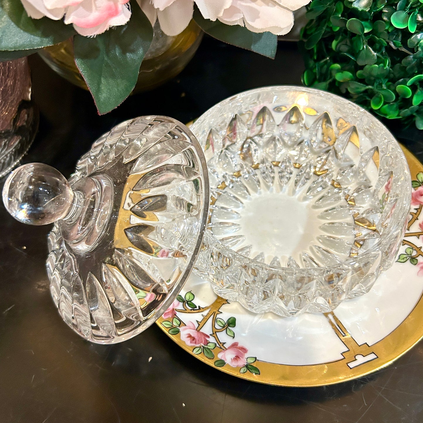 Sparkling Vintage lidded candy dish or trinket jar