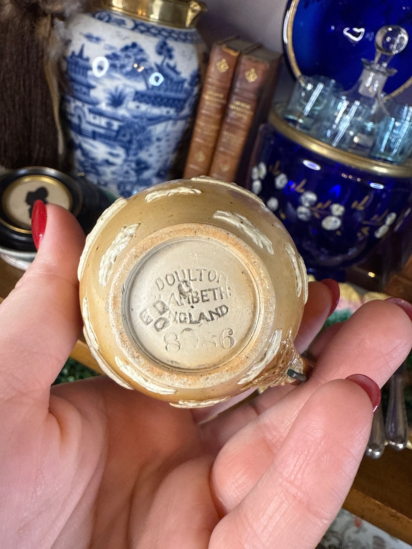 Antique Doulton Lambeth Stoneware Condiment Set – Mustard Pot and Salts, c.1890, Stapled