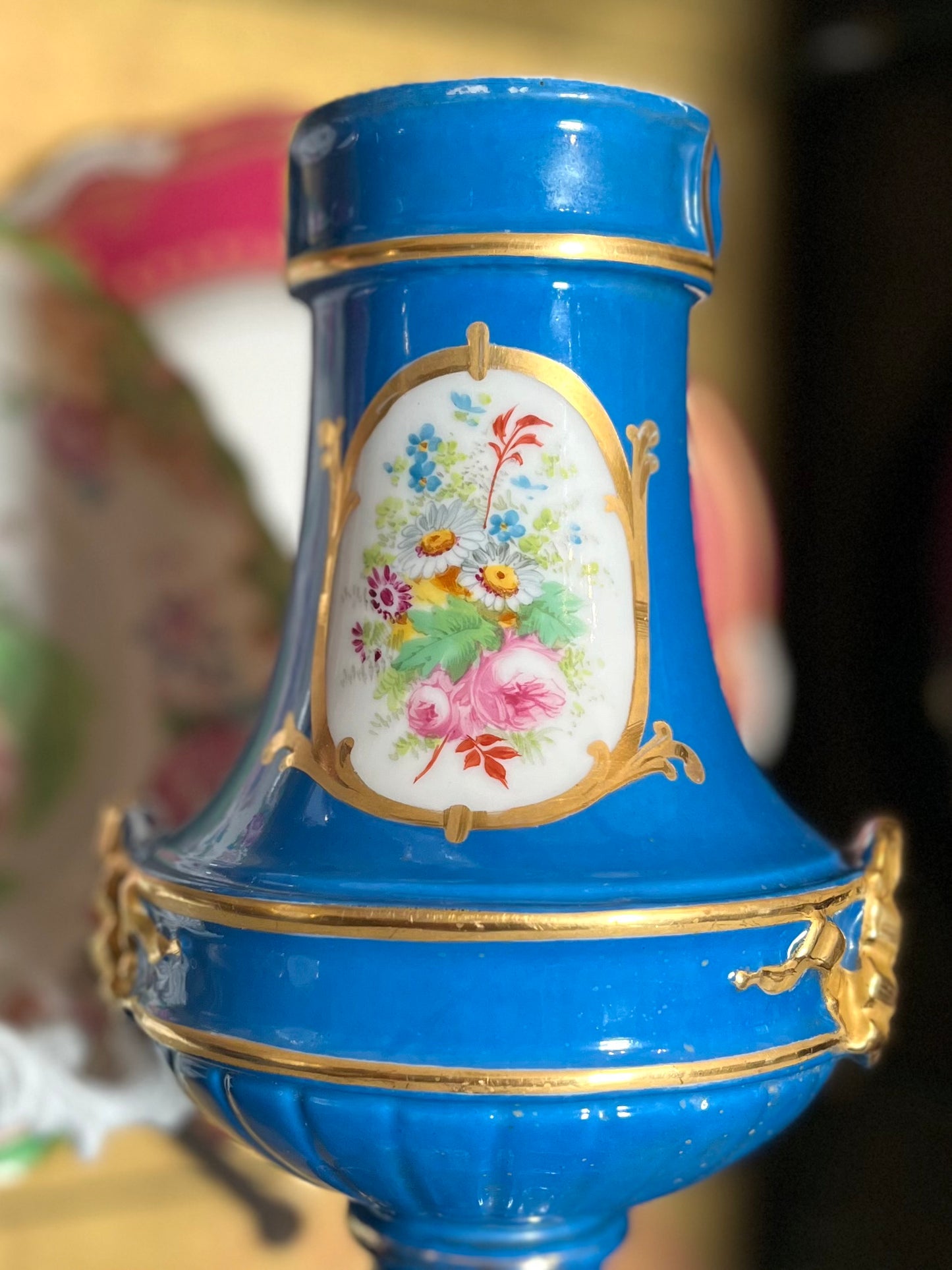 Pair Antique French Sèvres Porcelain Vases | Bleu Céleste | Hand-Painted Putti & Floral Panels | Marked c.1841