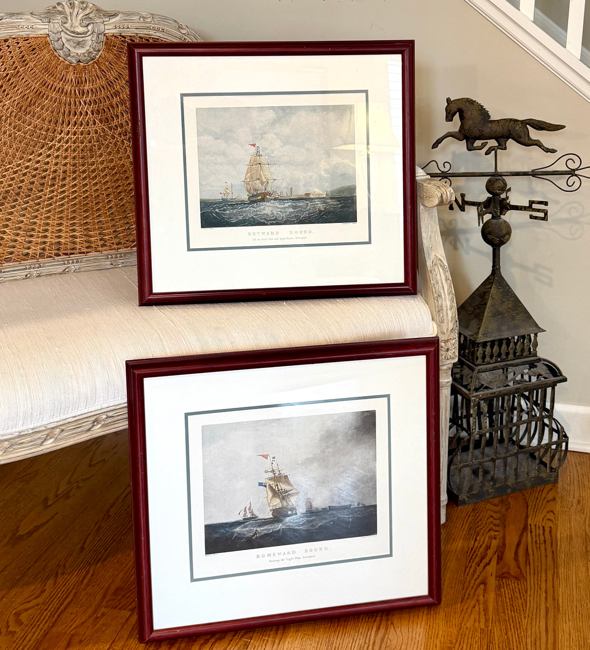 Rare Set of 2 custom antique engraving wall art named "OUTWARD & HOMEWARD BOUND" by S. Walters