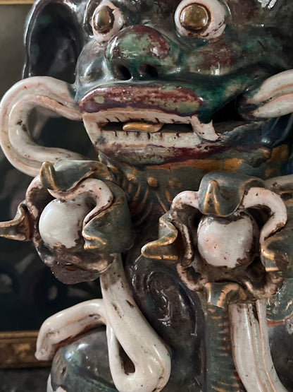 Live 7/7 Substantial Antique Chinese ShiShi Guardian Lion | Glazed Pottery Temple Figure