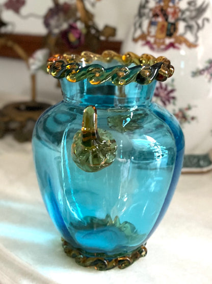 Antique Bohemian Aqua Art Glass Vase with Applied Amber Rigaree & Handles | 5”