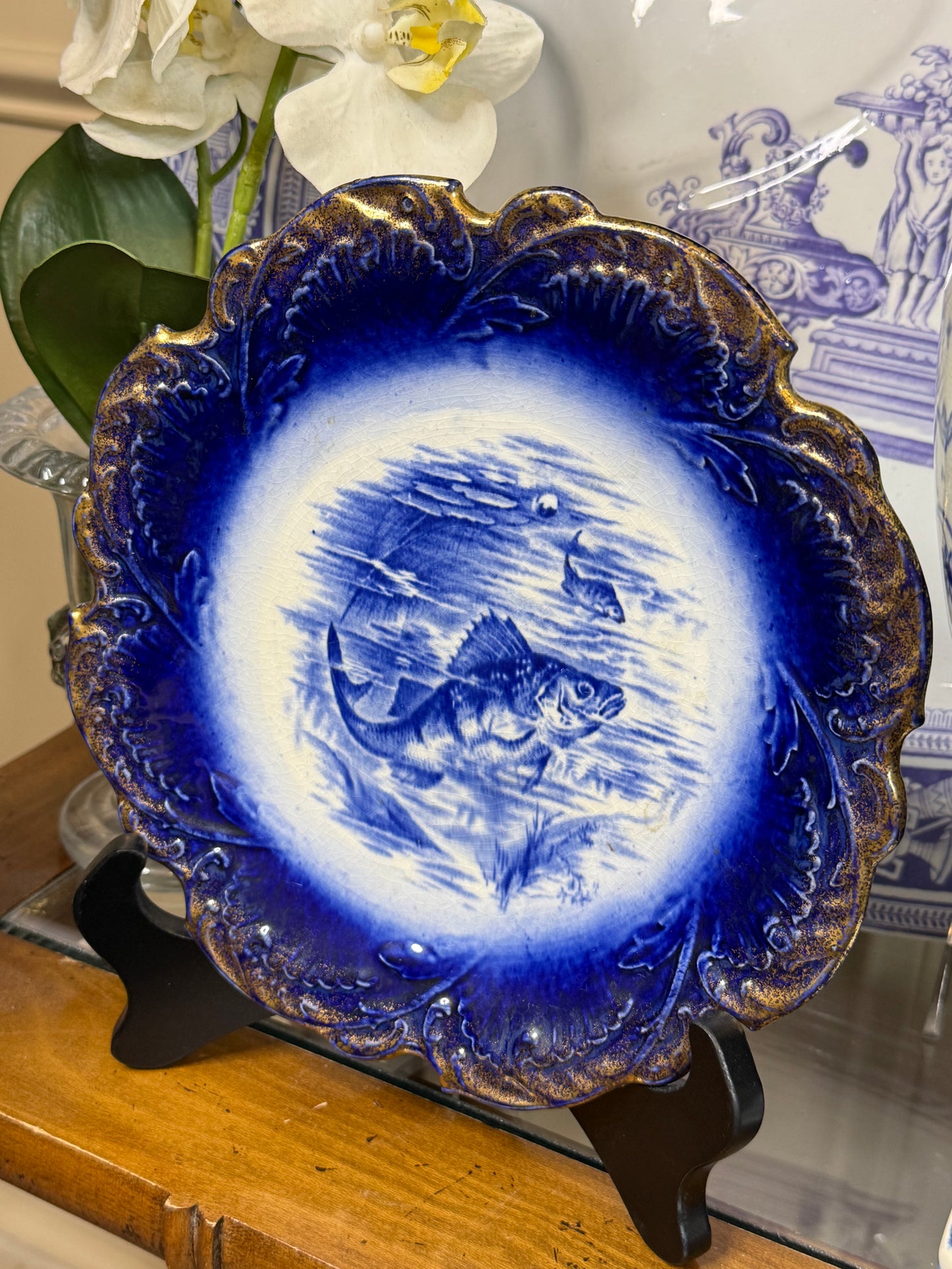 Antique English Flow Blue Fish Plate | Cobalt Blue & Gilt | Stoke-on-Trent | c.1900 | 8.5”