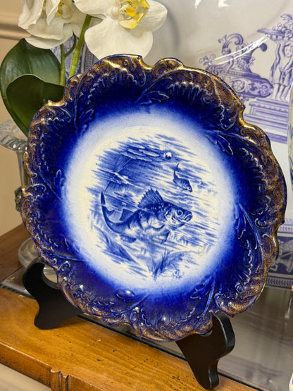 Antique English Flow Blue Fish Plate | Cobalt Blue & Gilt | Stoke-on-Trent | c.1900 | 8.5”
