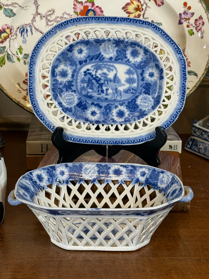 Antique Pearlware Blue & White Pierced Basket and Stand | c.1820 | Style DA4390