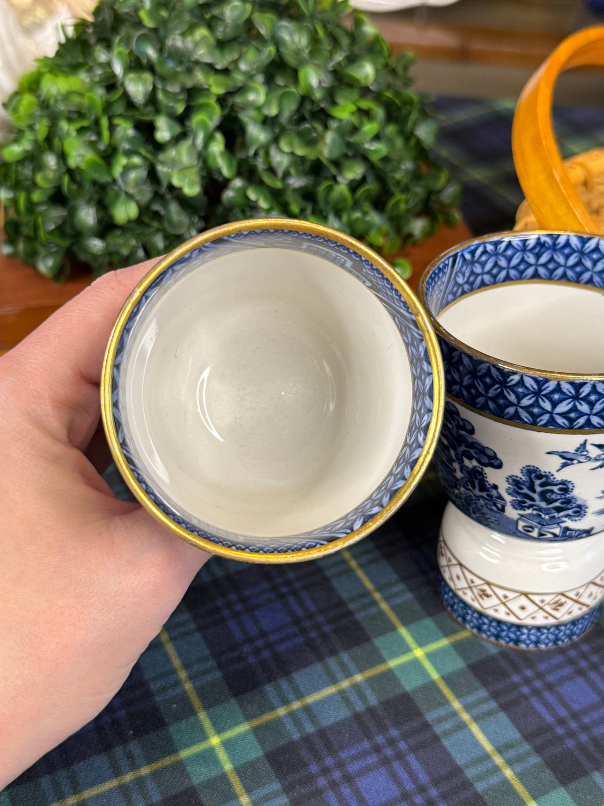 RESERVED - 320ELIZABETH - Vintage Booths Real Old Willow Blue & White Double Egg Cups with Gilt | Pair | England