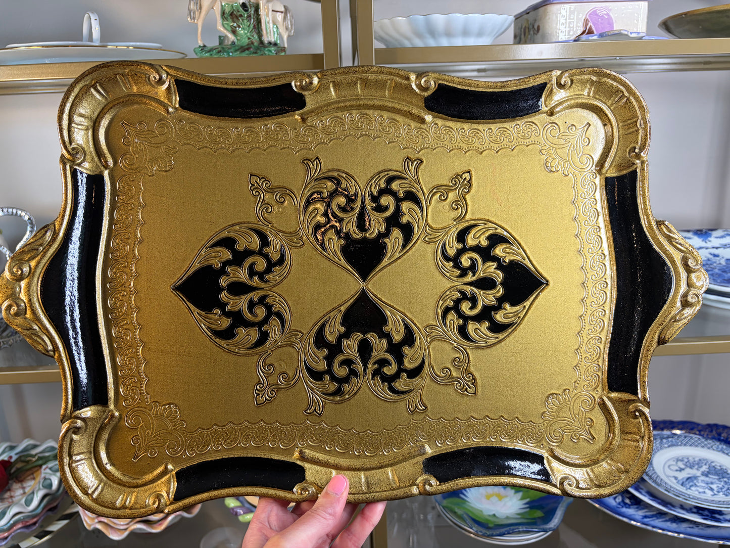 Gorgeous large Florentine gold and black tray with handles!