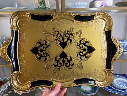 Gorgeous large Florentine gold and black tray with handles!