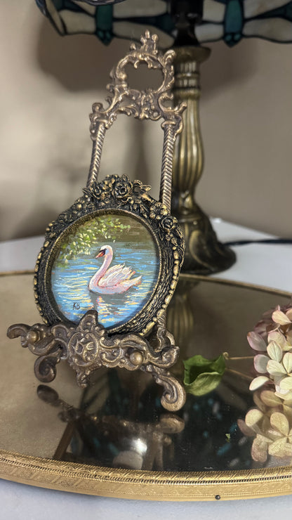 Day 13 Swan original oil painting in brass vintage frame