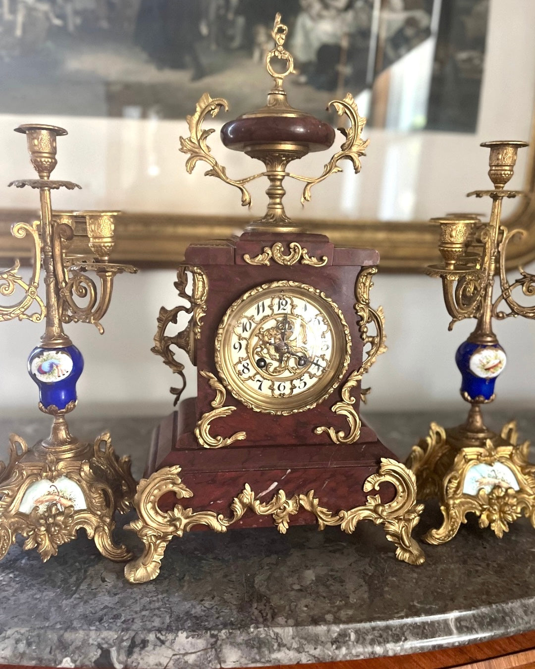 Exceptional Antique Rococo S. Marti France Rouge Griotte Marble And Bronze Ormulu Mantle Clock Circa 1860-1870
