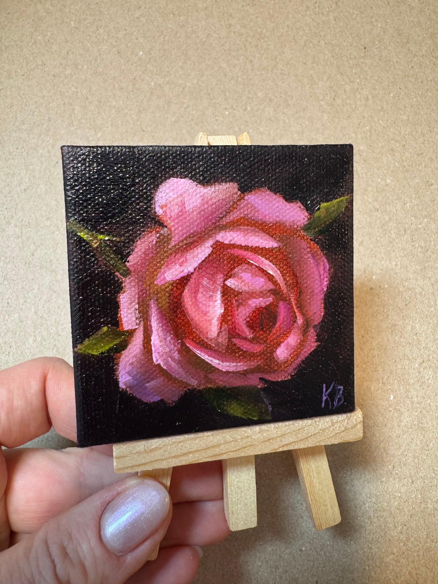 Live 06/19 mini art dark pink rose original oil paintings on stretched canvas 3x3”