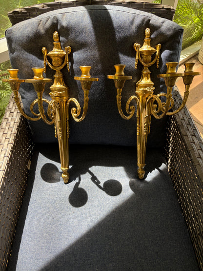 Stunning Louis XVI style ornate brass sconces pair with 3 arms!