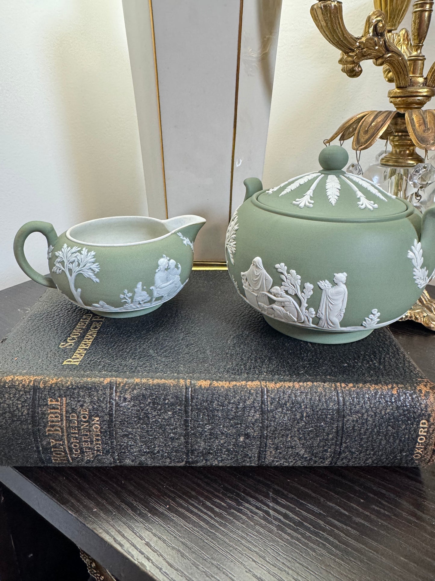 Wedgwood antique creamer sage green jasperware