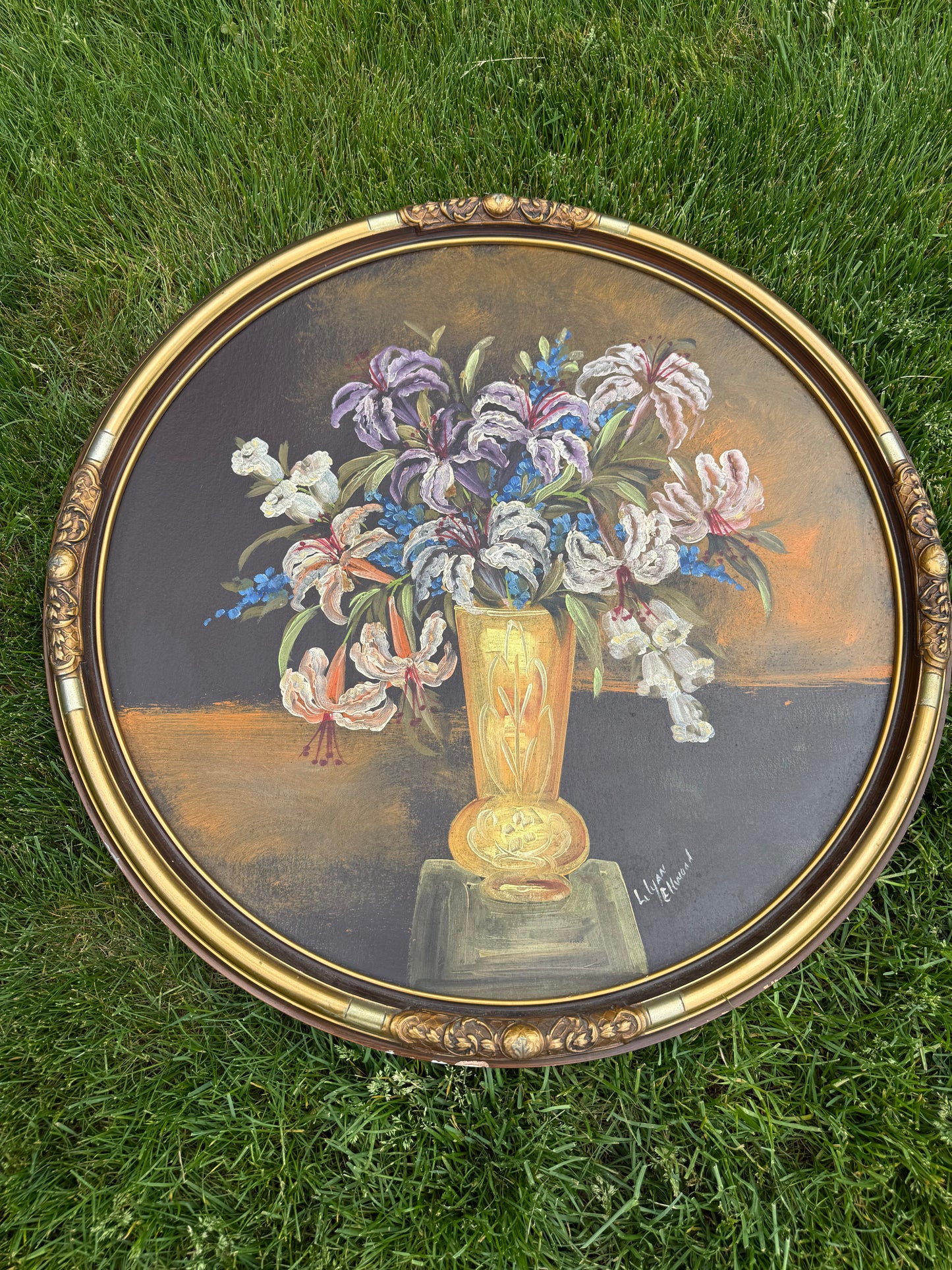 Vintage Signed Original 26” Round Oil Painting on Board