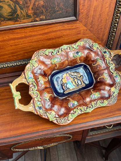Antique Wilhelm Schiller & Son German Majolica Figural Handled Tray, c.1880–1905