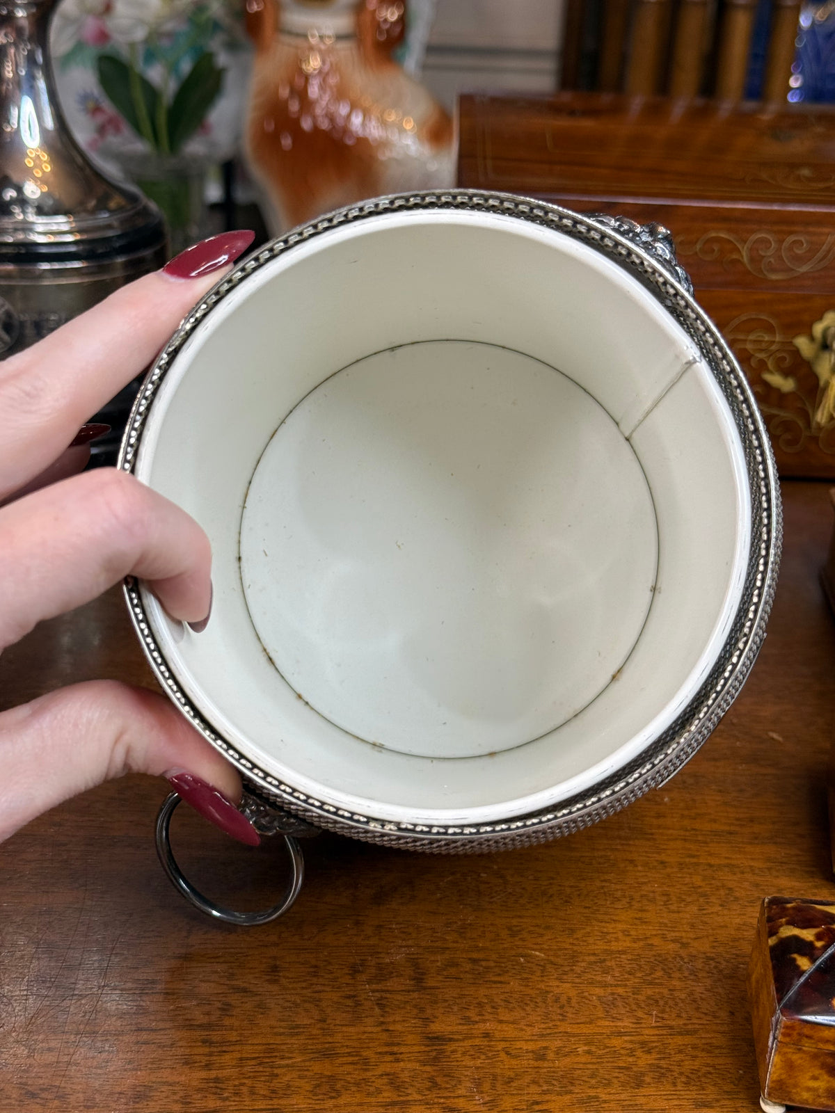 Vintage English Silver Plate Biscuit Barrel / Ice Bucket with Lion Mask Handles & Monogram G, c. 1930–1950 – 8”H