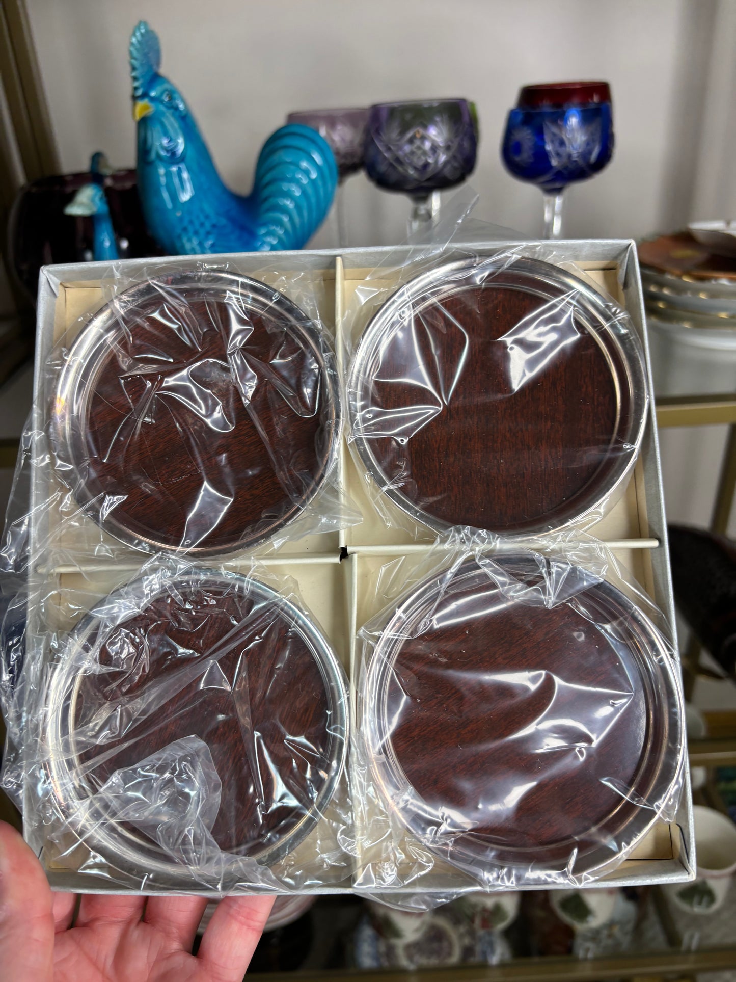 Lovely FB Rogers silverplated and wood style coasters set of 4 in original packaging!