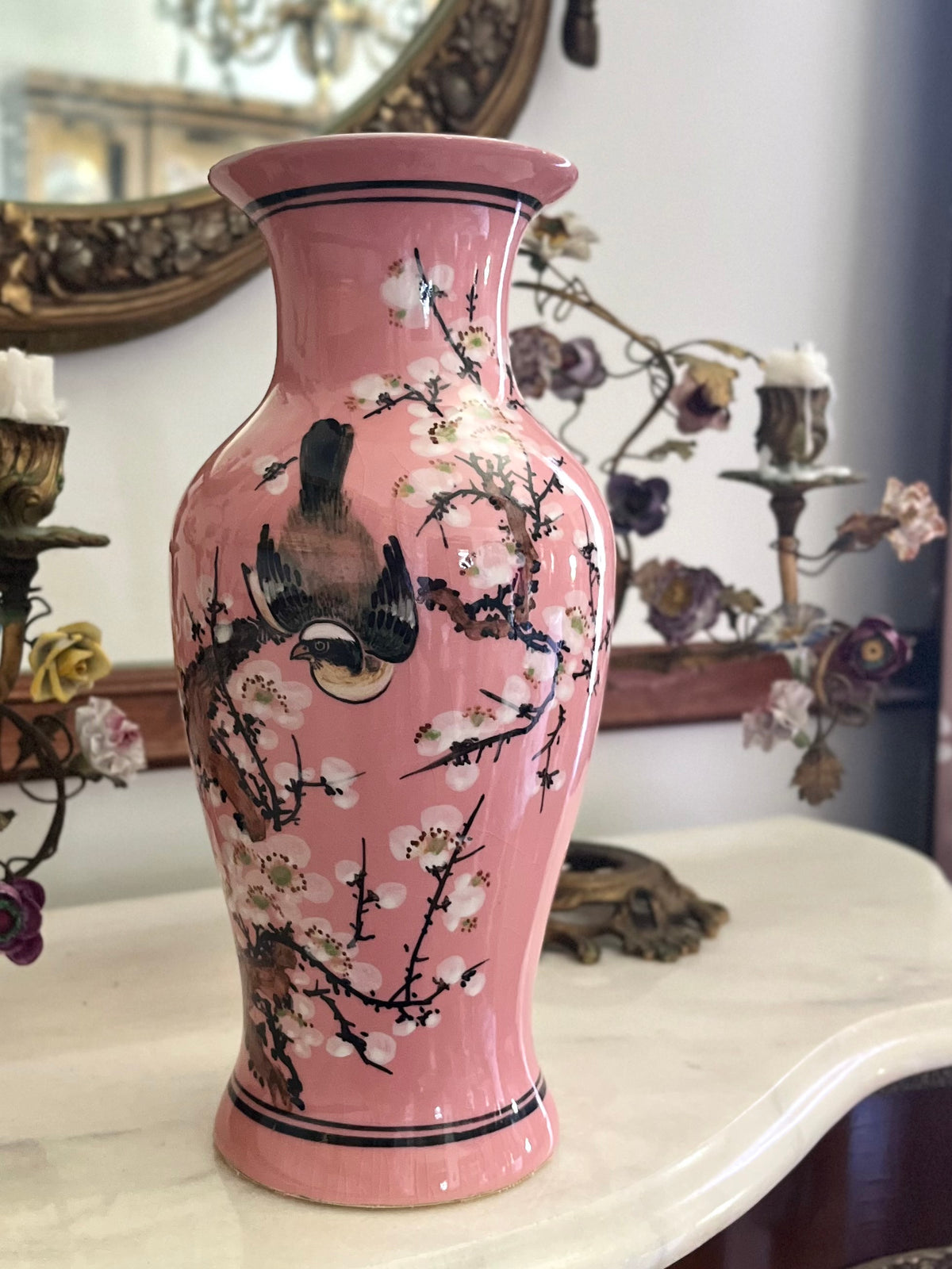 Gorgeous Pink Chinoiserie Hand Painted Enamel Birds And Blossoms Vase - Chinese Export