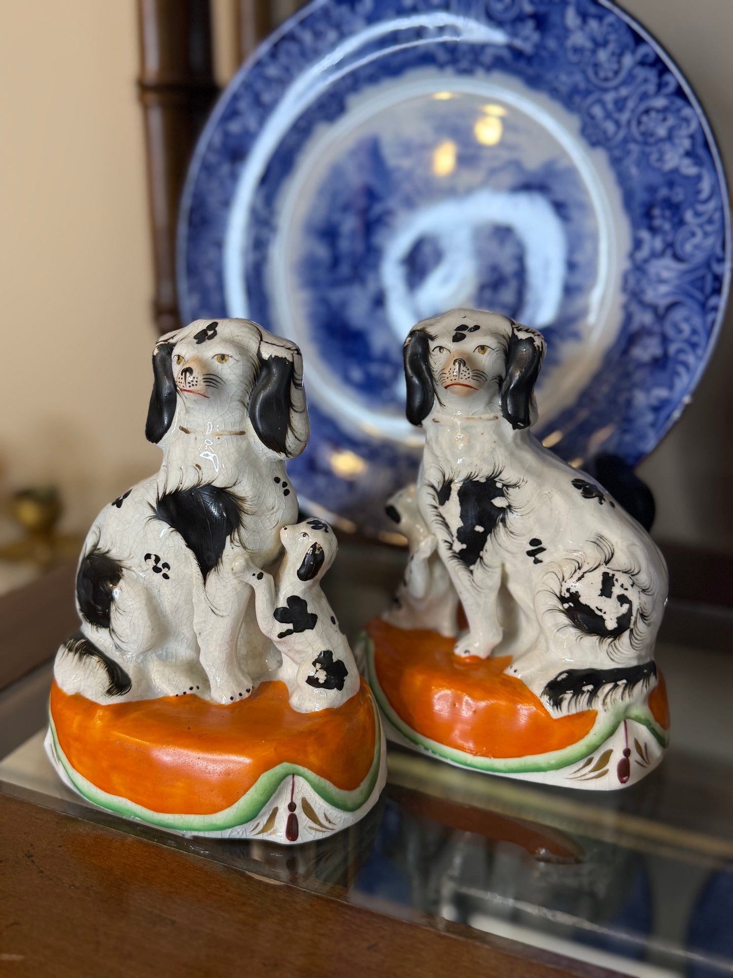 Antique 19th Century Staffordshire Spaniel Dog Figures with Puppies on Orange Cushions – Pair | 7” Tall #DA4423