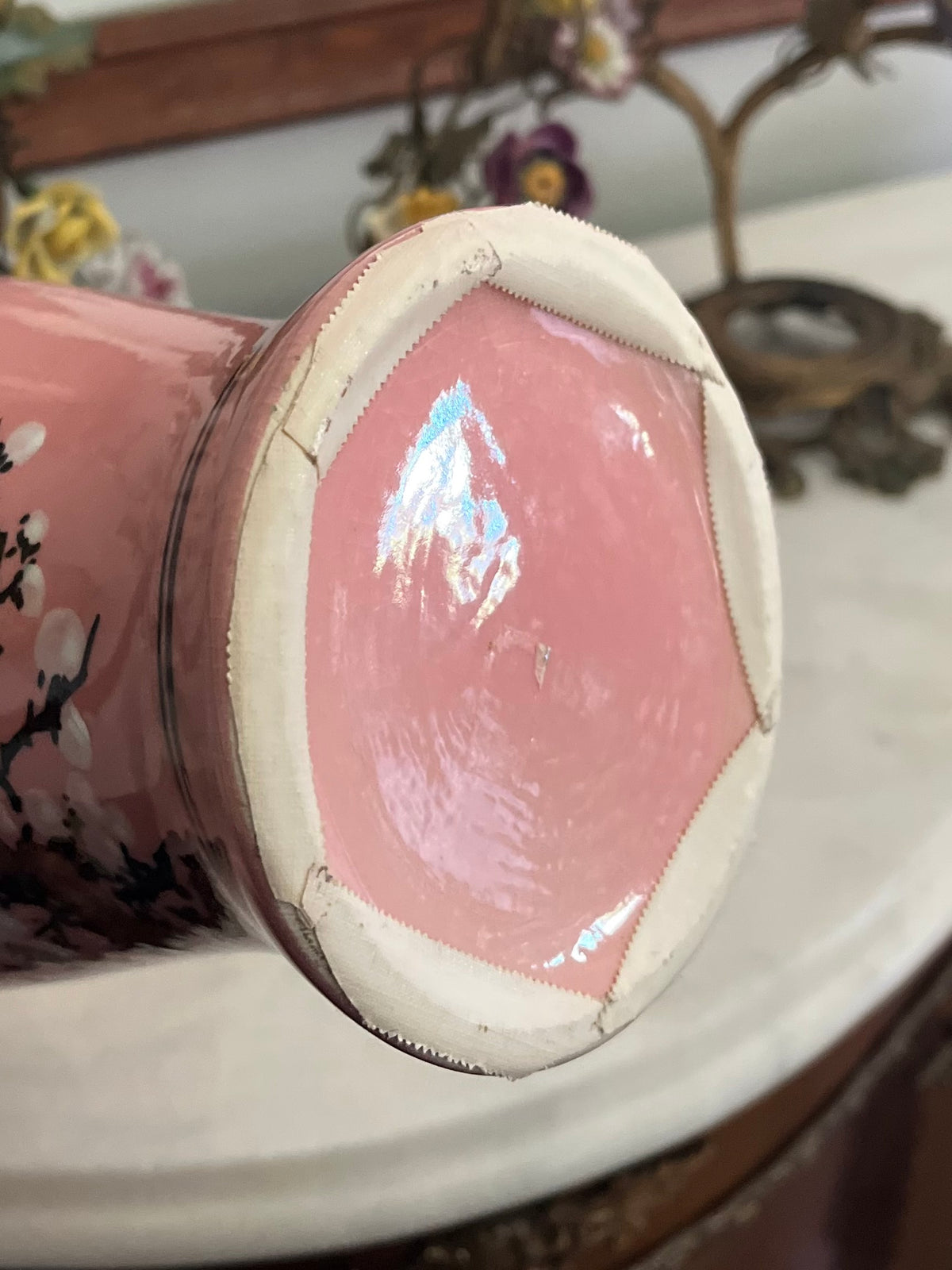 Gorgeous Pink Chinoiserie Hand Painted Enamel Birds And Blossoms Vase - Chinese Export