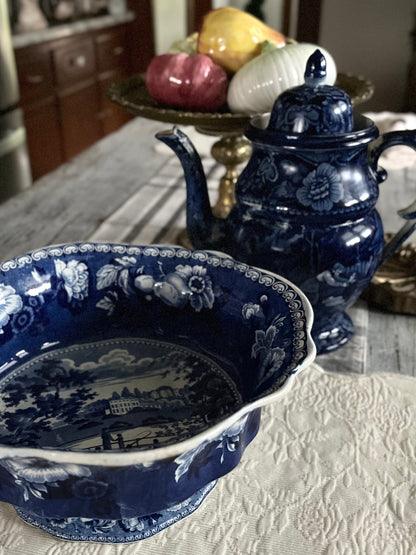 Rare Early 19th C Staffordshire Historical Blue Transferware Footed Bowl - Fruit And Flowers Border Attributed to John Hall