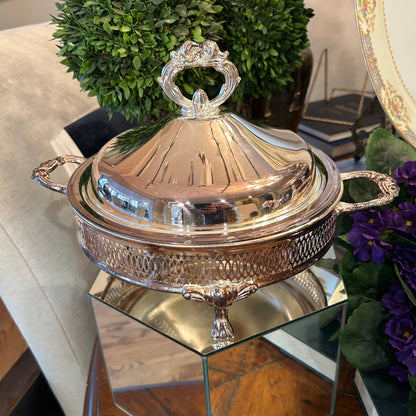vintage silver plate Lidded casserole chafing dish tripod chippendale claw feet