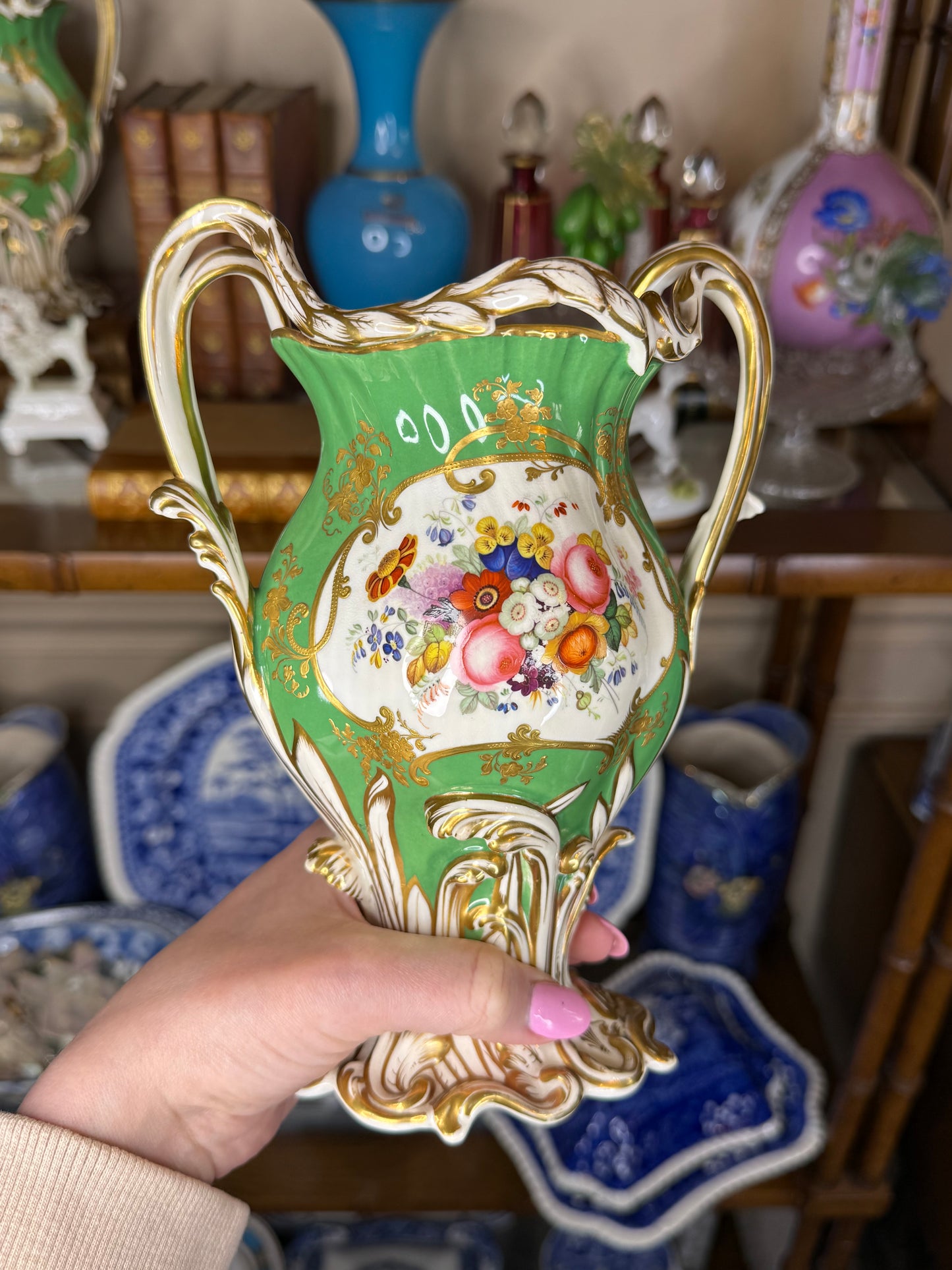 Antique Pair of H.R. Daniel Green Scenic Vases with Castles & Floral Decoration | Circa 1840 | 8.5"H x 6.5"W x 4" Base | Style DA4447