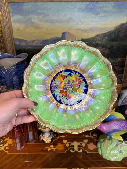 Antique Minton Hand-Painted Cabinet Plate with Fruit Center & Iridescent Green Border | 9”