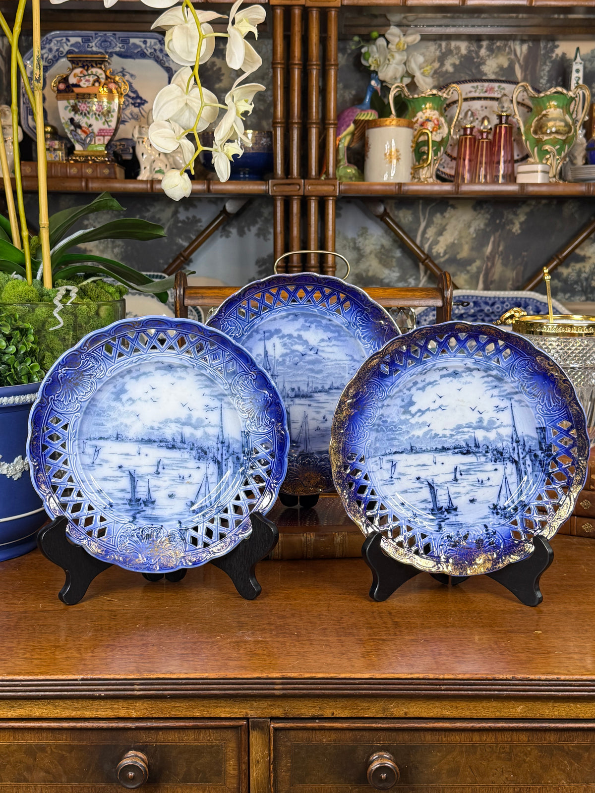 Antique Set of 3 Empire Porcelain Co. Pierced Blue & White City View Plates | Circa 1896–1912 | 9" Diameter #DA4516