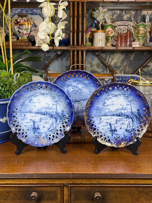 Antique Set of 3 Empire Porcelain Co. Pierced Blue & White City View Plates | Circa 1896–1912 | 9" Diameter #DA4516