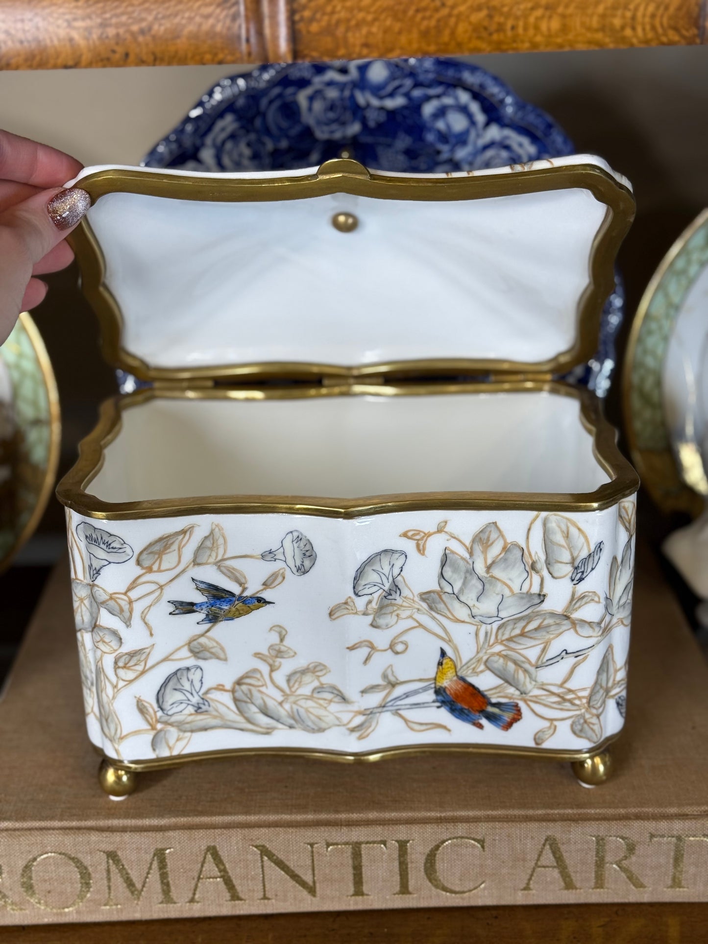 Danny’s Fine Porcelain | 9” Hinged Porcelain Box with Bronze Accents – Hand-Painted Birds & Vines