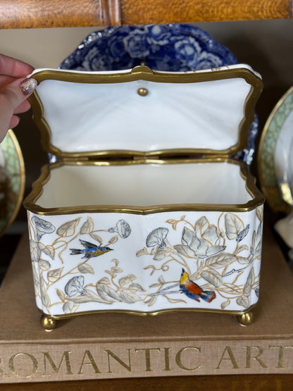 Danny’s Fine Porcelain | 9” Hinged Porcelain Box with Bronze Accents – Hand-Painted Birds & Vines