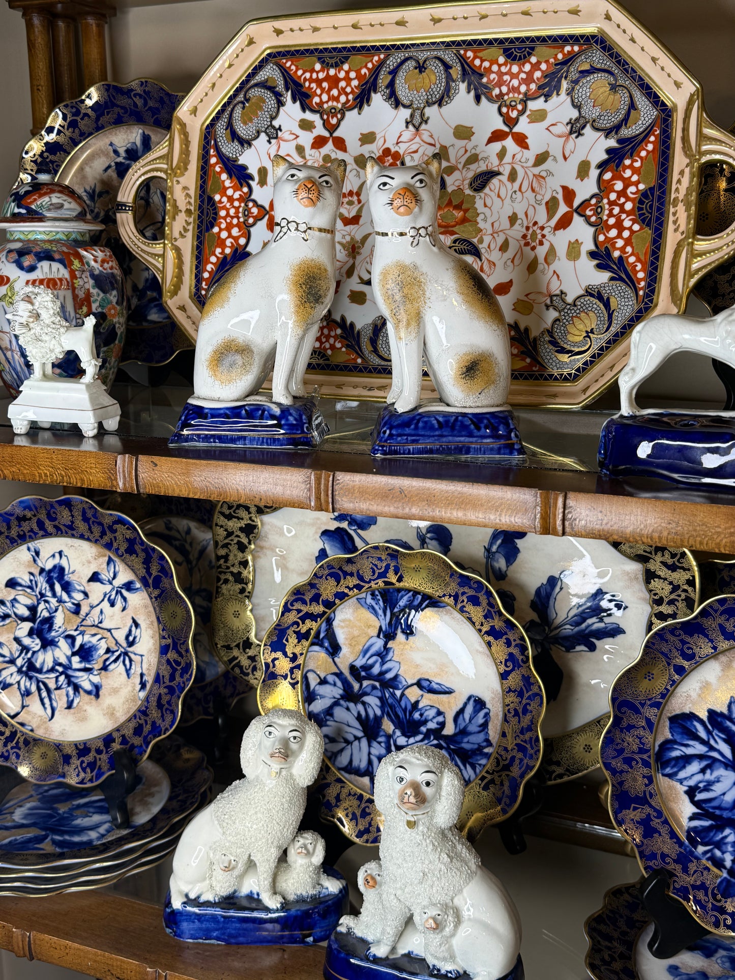Antique 19th Century Staffordshire Cat Pair with Cobalt Bases | Style DA4481 | 7” Tall