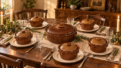 Vintage Brown Stoneware Covered Casserole with Six Individual Crocks