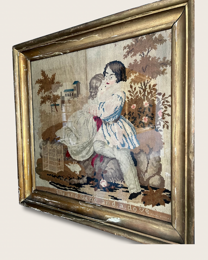 Beautiful And Substantial English 19th Century Large Framed Berlin Woolwork - Children And Dove After George Morland