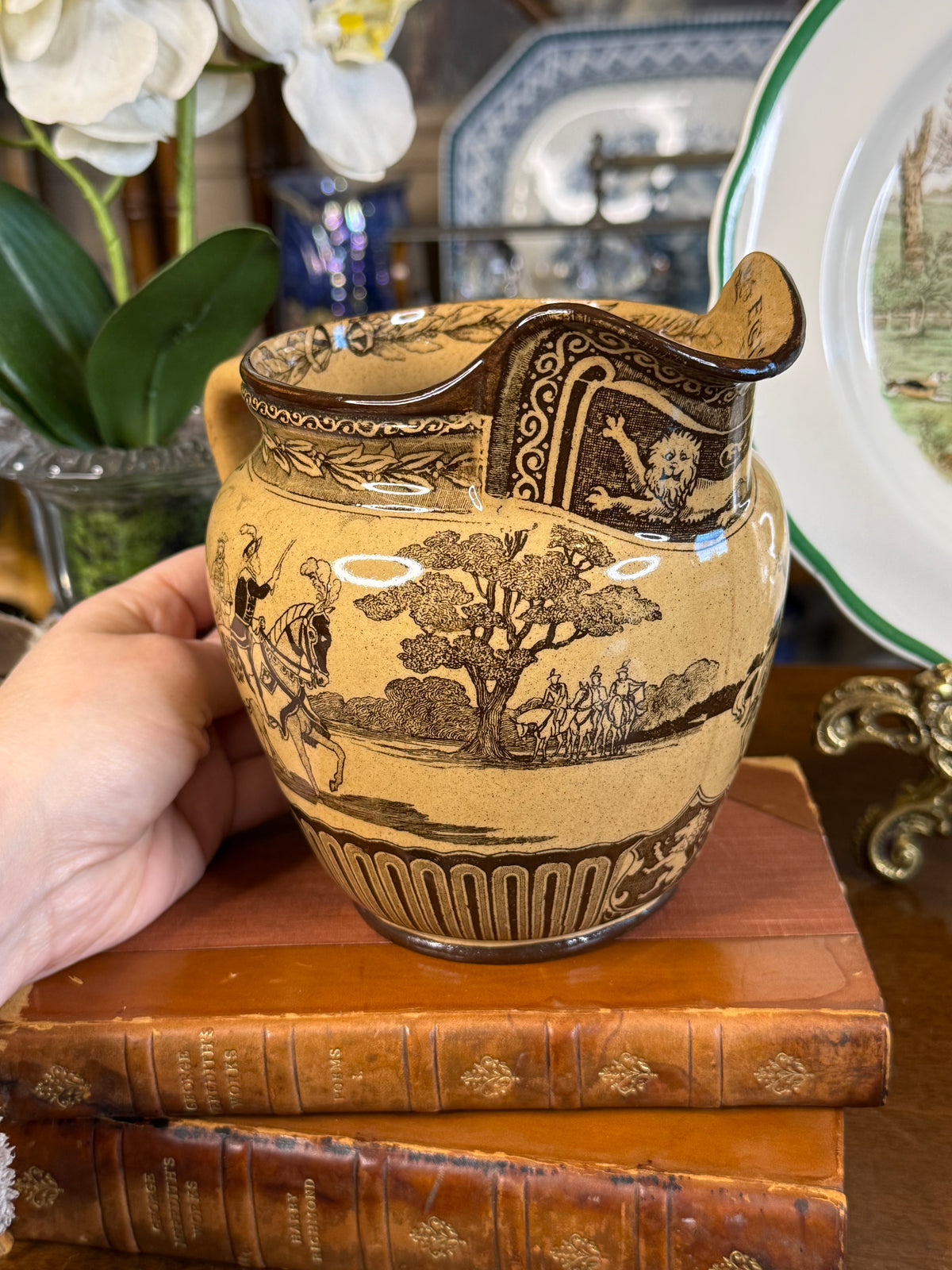 Antique Royal Doulton “Eglinton Tournament” Brown Transferware Equestrian Jug, Rd No. 408787, c.1904, 7” W x 5.5” H