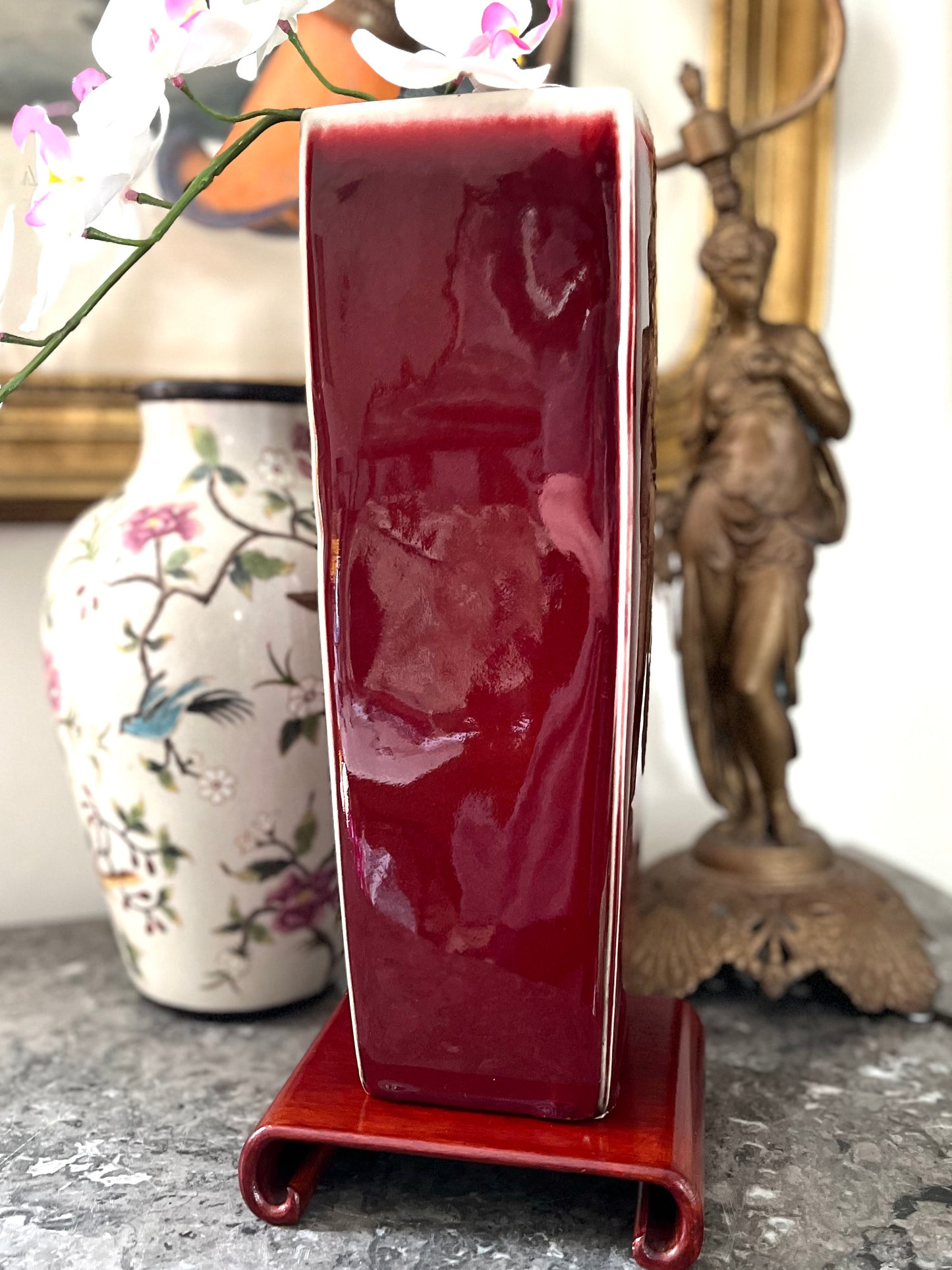 Live 07/21 Monumental Vintage Chinese Oxblood (Sang de Boeuf) Glazed Porcelain Vase on Hardwood Stand, 16”