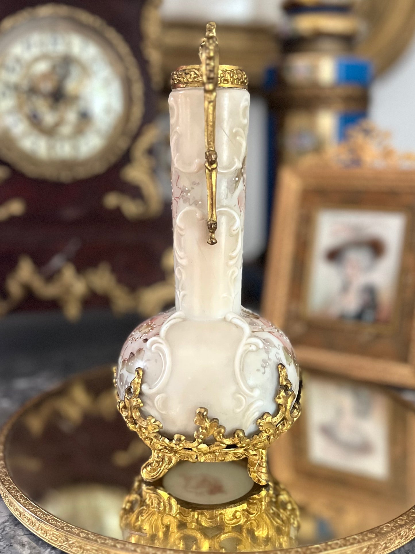 Antique Wavecrest Bud Vase in Gilt Ormolu Mounts — C.F. Monroe, Hand-Painted Wild Roses