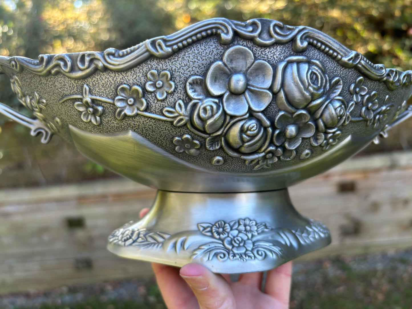 Beautiful ornate floral compote pedestal oval bowl with handles!