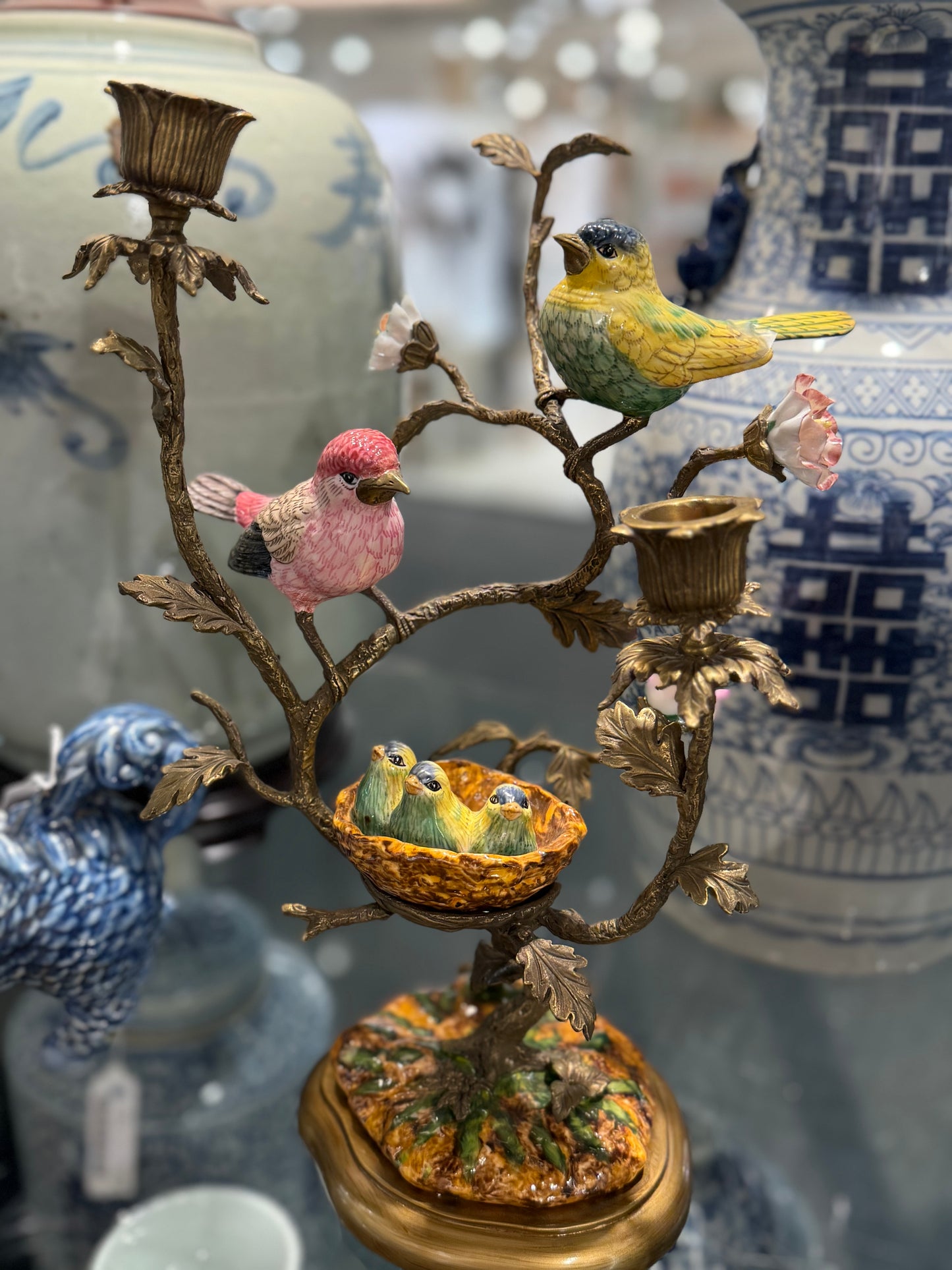 Danny’s Fine Porcelain: Bronze Ormolu Bird & Nest Candlestick Stand | 15.5” Tall