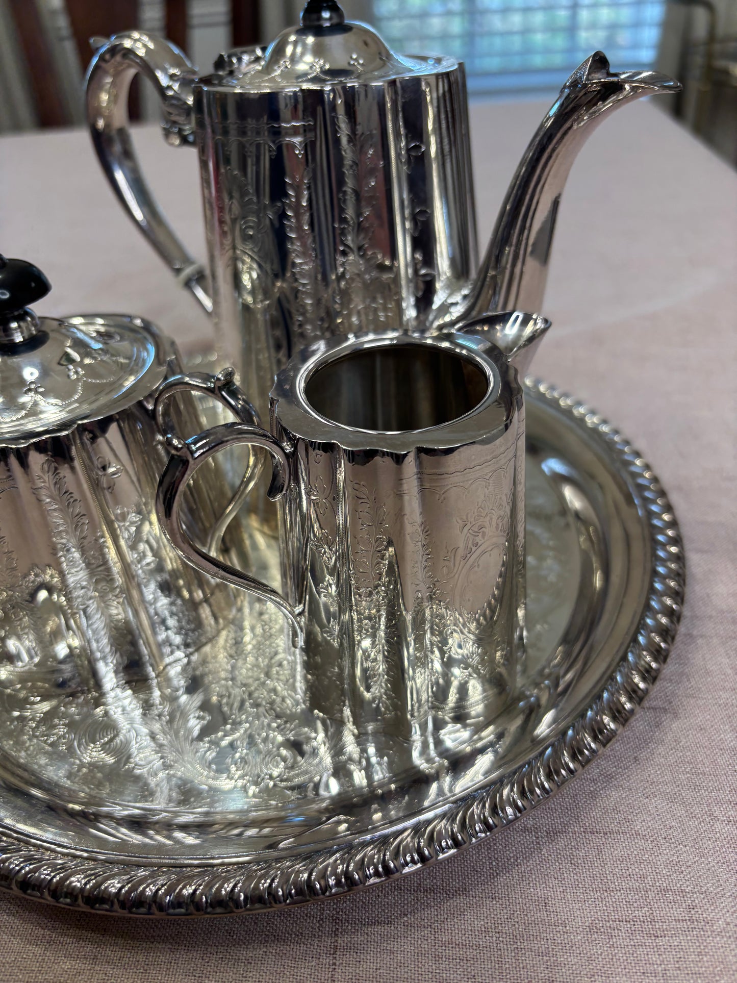 Stunning Barker Ellis three piece tea set! Includes pitcher, creamer, and sugar!