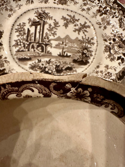 Antique English Corinthian Brown Transferware Pearlware Tureen, Lid & Stand, c. 1830s–1840s