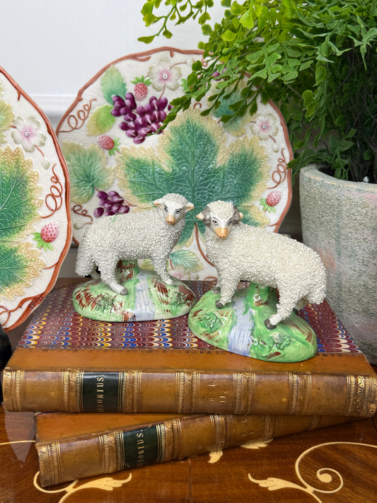 Pair of Petite Antique 1920s Staffordshire Sanded Sheep Figures | English Pottery Lambs