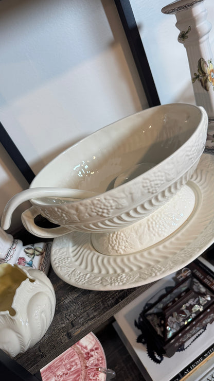 Vintage Ivory Embossed Soup Tureen with Ladle and Underplate