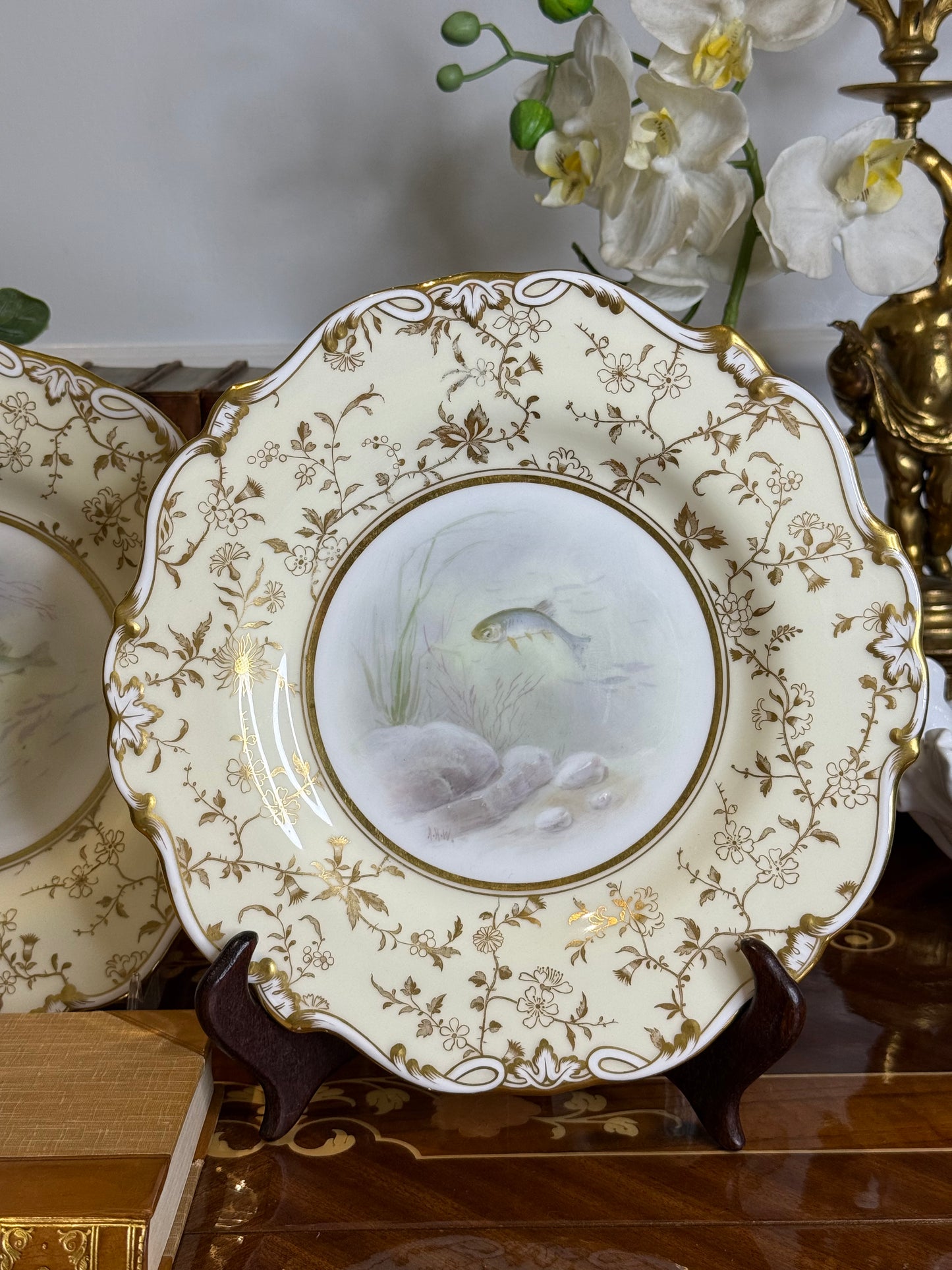 Pair of Minton Hand-Painted Fish Cabinet Plates by Albert H. Wright | Davis Collamore New York | c.1895 | #DA3143