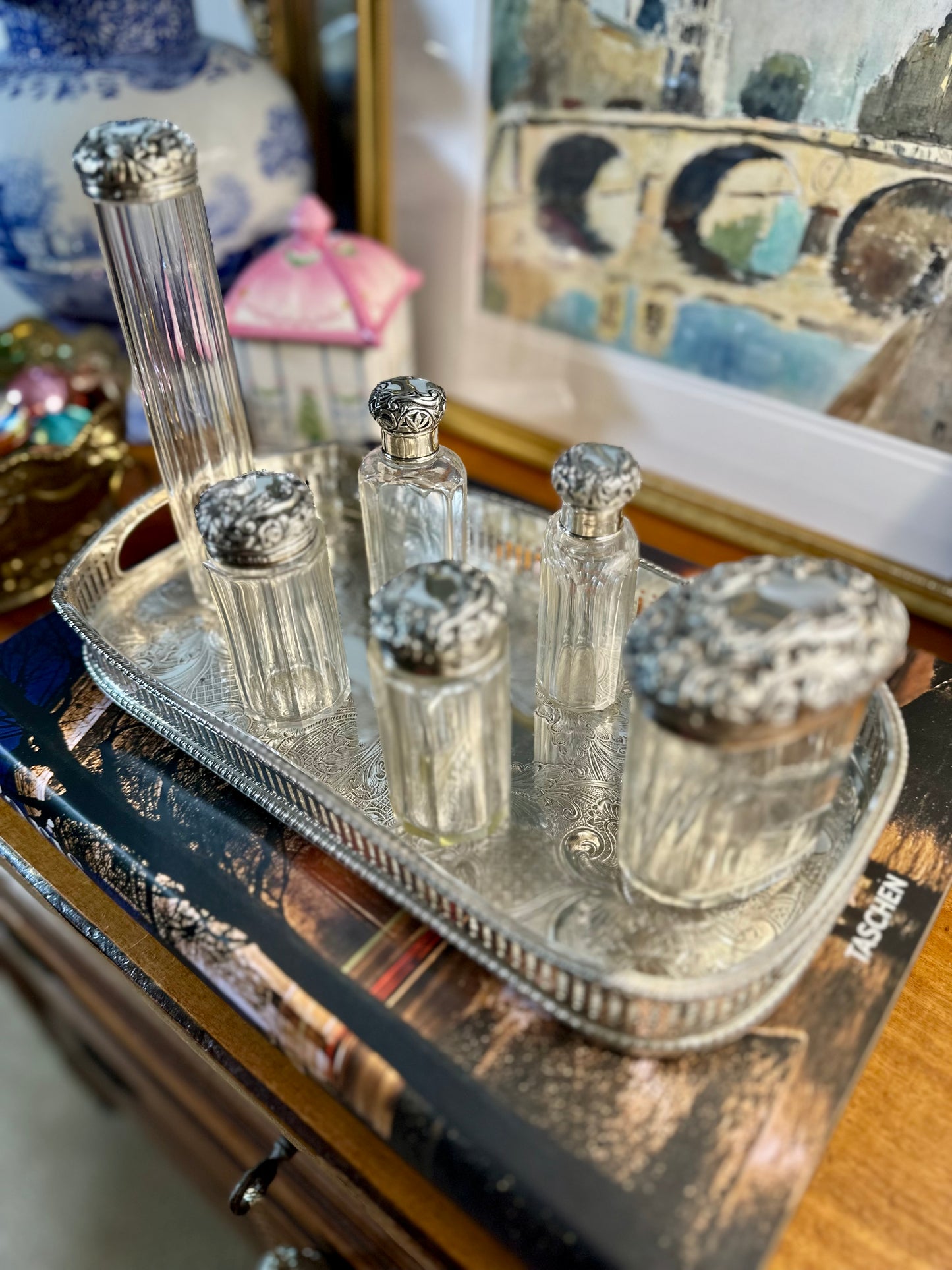 Beautiful Victorian Mappin & Webb Cut Glass & Sterling Silver Vanity Set, c. 1896