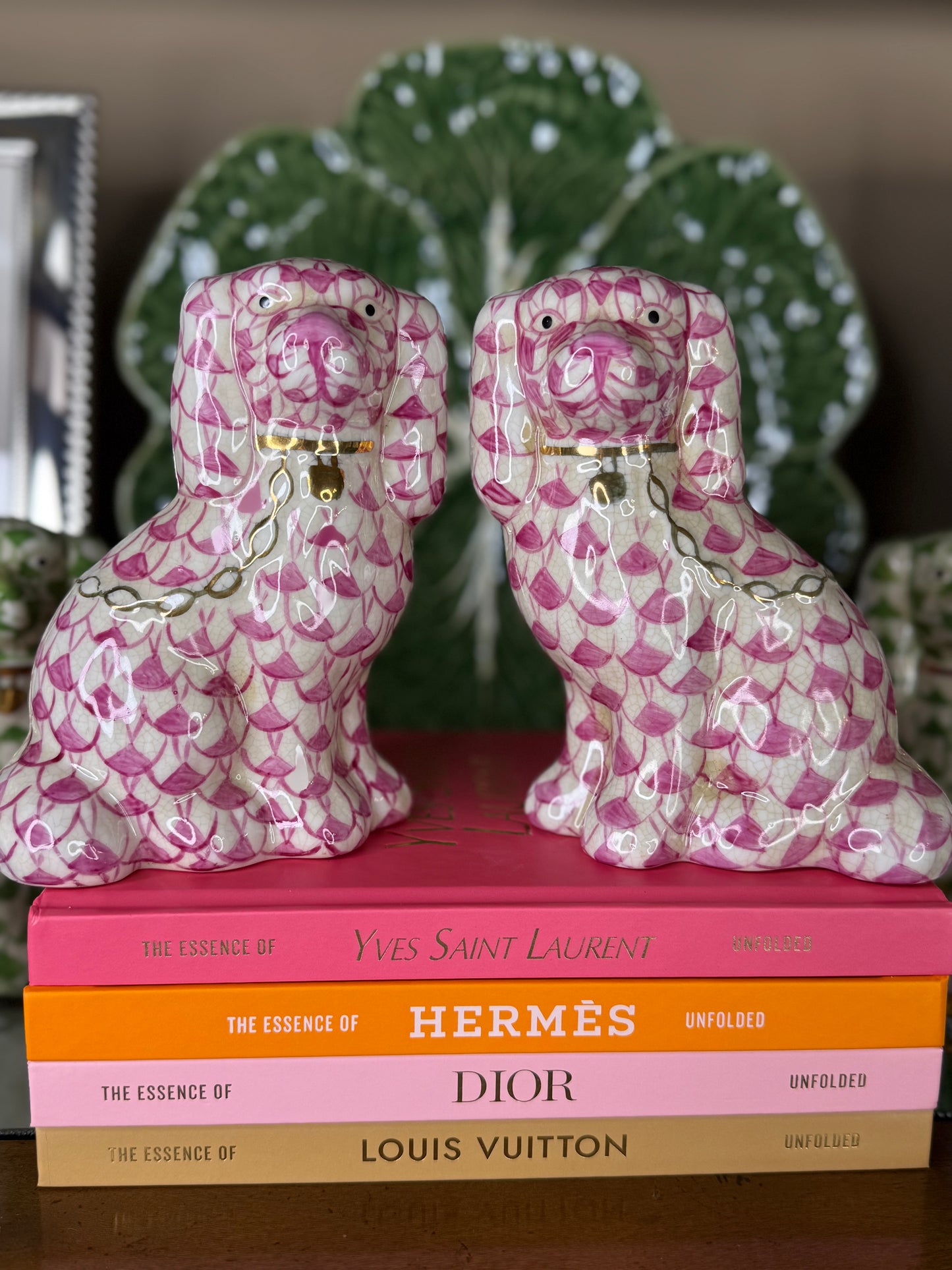 Danny’s Fine Porcelain | Fishnet Pink Spaniel Dog Figure Pair W/ Gold Accent (5.5”H X 9Lx2W)