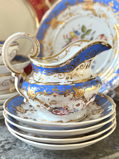 Stunning Antique English 21-Piece Porcelain Tea Service | French Blue, Hand-Painted Florals & Gilt - Attributed to Coalport